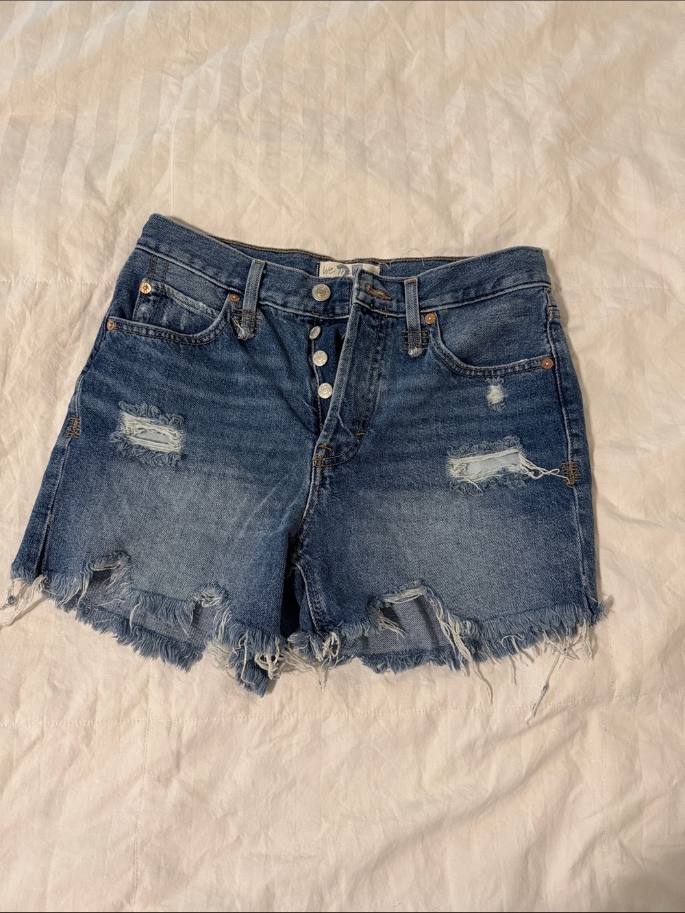 We The Free Distressed Button-Fly Denim Shorts - Blue